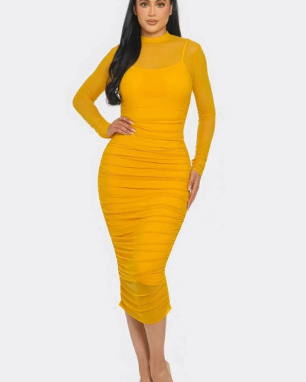 Solid Mesh Ruched Midi Dress - ShopEasier