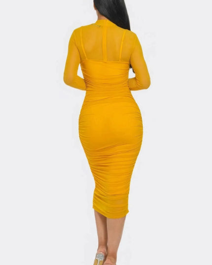 Solid Mesh Ruched Midi Dress - ShopEasier