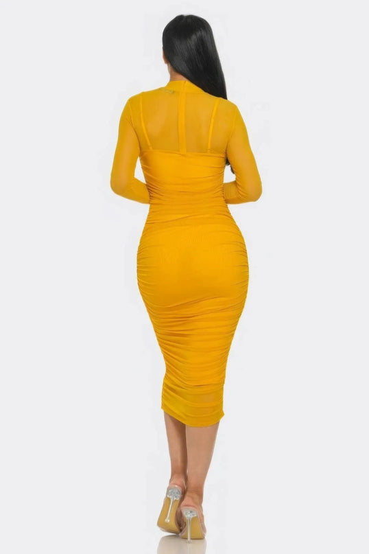 Solid Mesh Ruched Midi Dress - ShopEasier