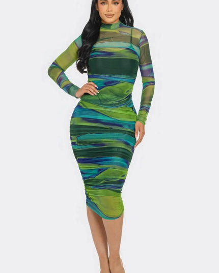 Glitch Print Mesh Ruched Midi Dress - ShopEasier