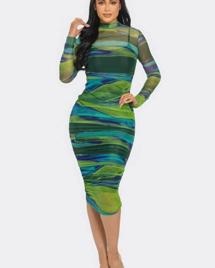 Glitch Print Mesh Ruched Midi Dress - ShopEasier