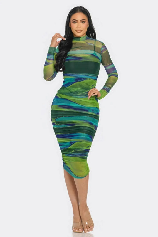 Glitch Print Mesh Ruched Midi Dress - ShopEasier