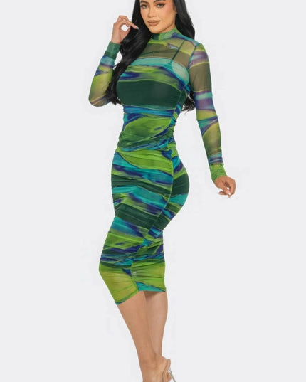 Glitch Print Mesh Ruched Midi Dress - ShopEasier