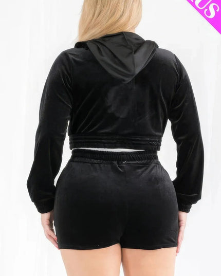 Plus Size Velour Crop Zip Up Hoodie And Shorts Set