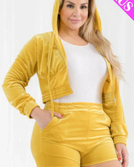 Plus Size Velour Crop Zip Up Hoodie And Shorts Set