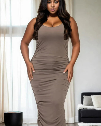 Plus Size Square Neck Ruched Bodycon Midi Dress