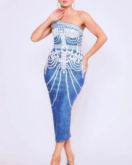 One Shoulder Denim Print Dress - ShopEasier