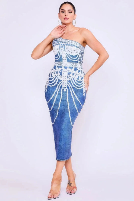 One Shoulder Denim Print Dress - ShopEasier