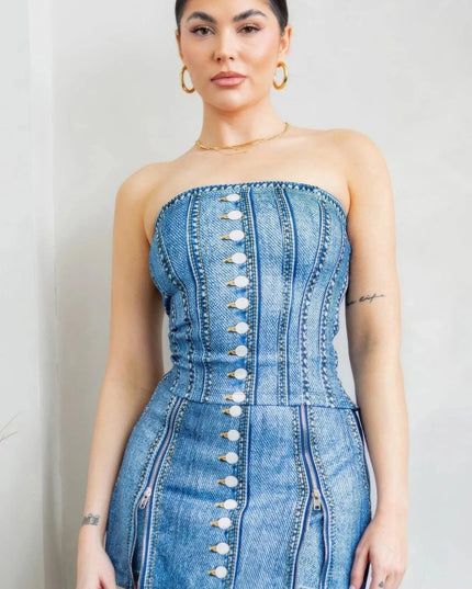 Denim Effect Corset Top & Bottom Set - ShopEasier