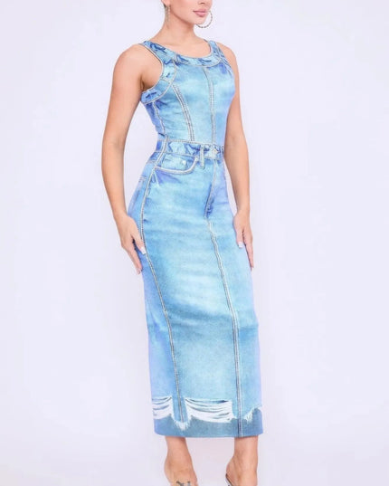 Denim Print Midi Dress - ShopEasier