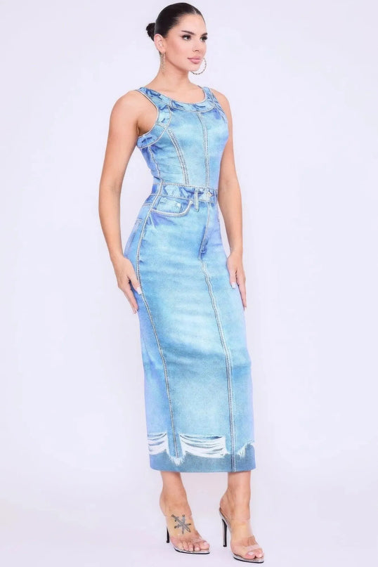 Denim Print Midi Dress - ShopEasier