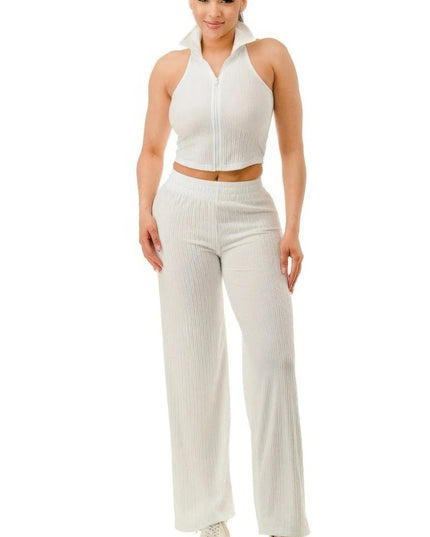 Crinkle Wide Pants Set Zipper - ShopEasier