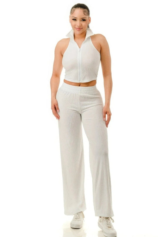 Crinkle Wide Pants Set Zipper - ShopEasier