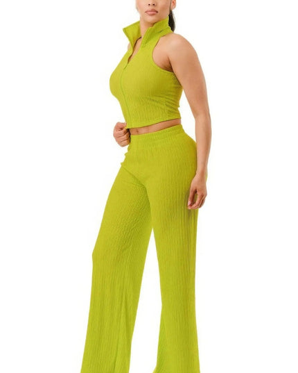 Crinkle Wide Pants Set Zipper - ShopEasier