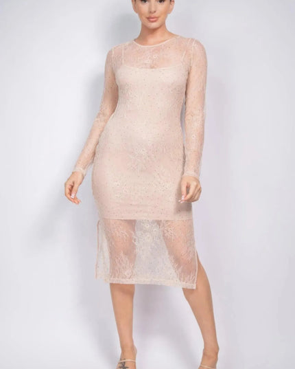 Lace Rhinestone-studded Slit Midi Dress - ShopEasier