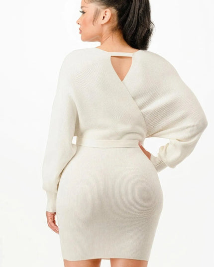 Off Shoulder Wrap Belted Ribbed Sweather Dress - ShopEasier