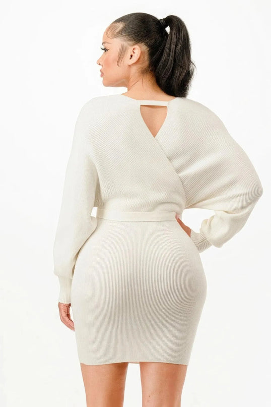 Off Shoulder Wrap Belted Ribbed Sweather Dress - ShopEasier