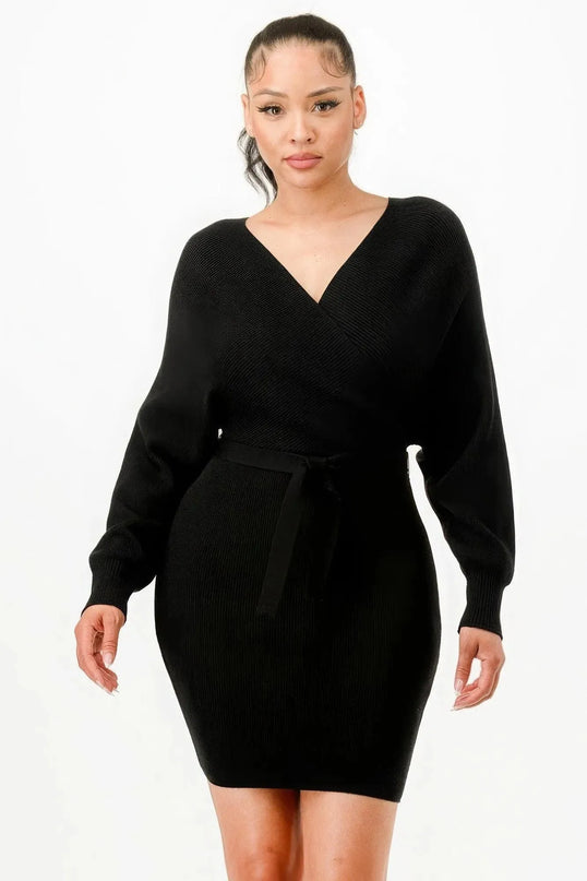 Off Shoulder Wrap Belted Ribbed Sweather Dress - ShopEasier