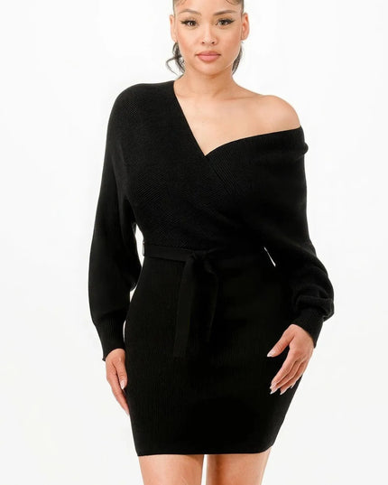 Off Shoulder Wrap Belted Ribbed Sweather Dress - ShopEasier