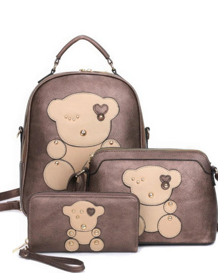 3in1 Cute Bear Design Handle Backpack W Crossbody And Wallet Set - ShopEasier