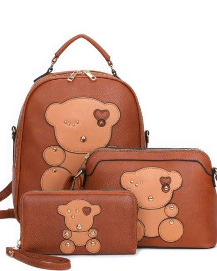 3in1 Cute Bear Design Handle Backpack W Crossbody And Wallet Set - ShopEasier