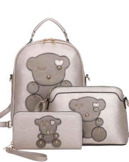 3in1 Cute Bear Design Handle Backpack W Crossbody And Wallet Set - ShopEasier