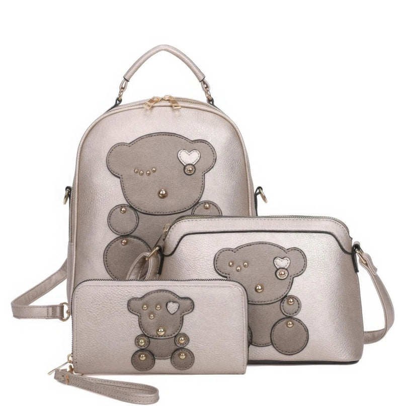 3in1 Cute Bear Design Handle Backpack W Crossbody And Wallet Set - ShopEasier