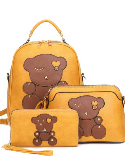 3in1 Cute Bear Design Handle Backpack W Crossbody And Wallet Set - ShopEasier