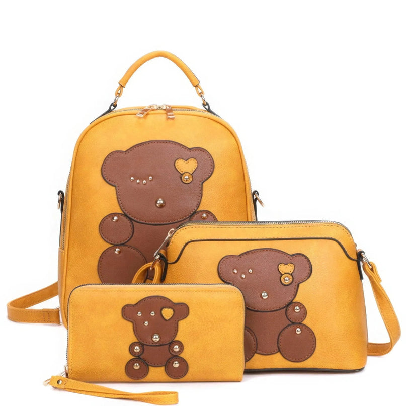 3in1 Cute Bear Design Handle Backpack W Crossbody And Wallet Set - ShopEasier