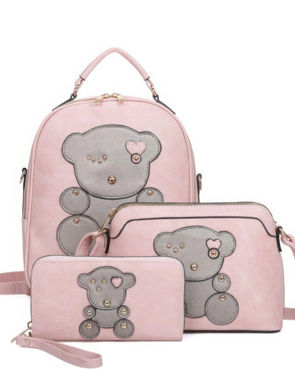 3in1 Cute Bear Design Handle Backpack W Crossbody And Wallet Set - ShopEasier