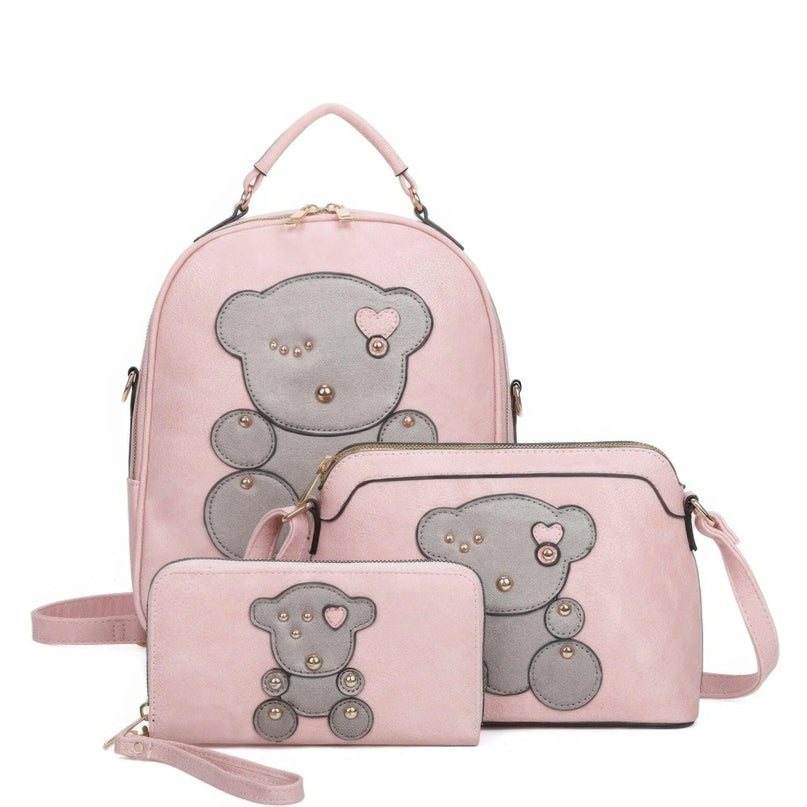 3in1 Cute Bear Design Handle Backpack W Crossbody And Wallet Set - ShopEasier