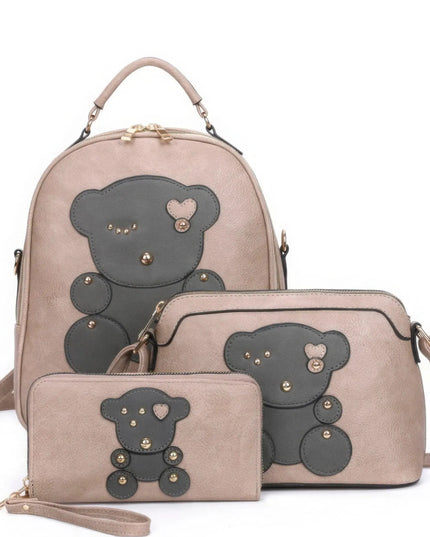 3in1 Cute Bear Design Handle Backpack W Crossbody And Wallet Set - ShopEasier