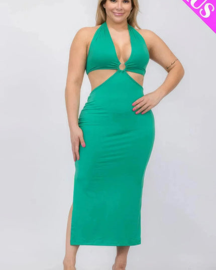 Vestido midi con abertura en el muslo, cuello halter y doble lazo en la espalda, talla grande