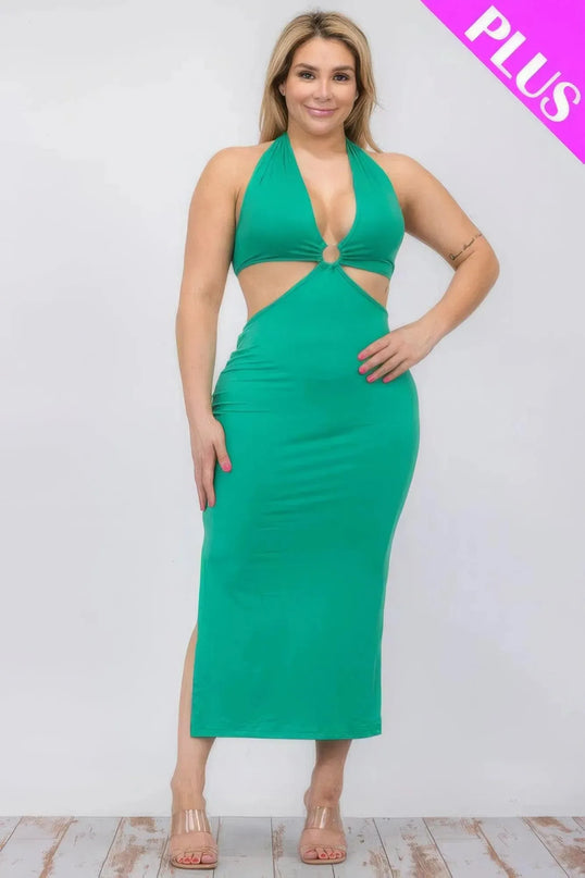 Vestido midi con abertura en el muslo, cuello halter y doble lazo en la espalda, talla grande