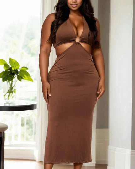 Plus Size Cut-out Halter Neck Double Back Tie Split Thigh Midi Dress