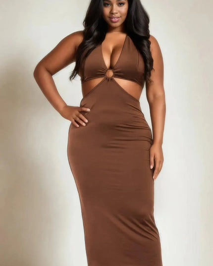 Plus Size Cut-out Halter Neck Double Back Tie Split Thigh Midi Dress