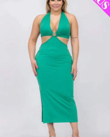 Plus Size Cut-out Halter Neck Double Back Tie Split Thigh Midi Dress