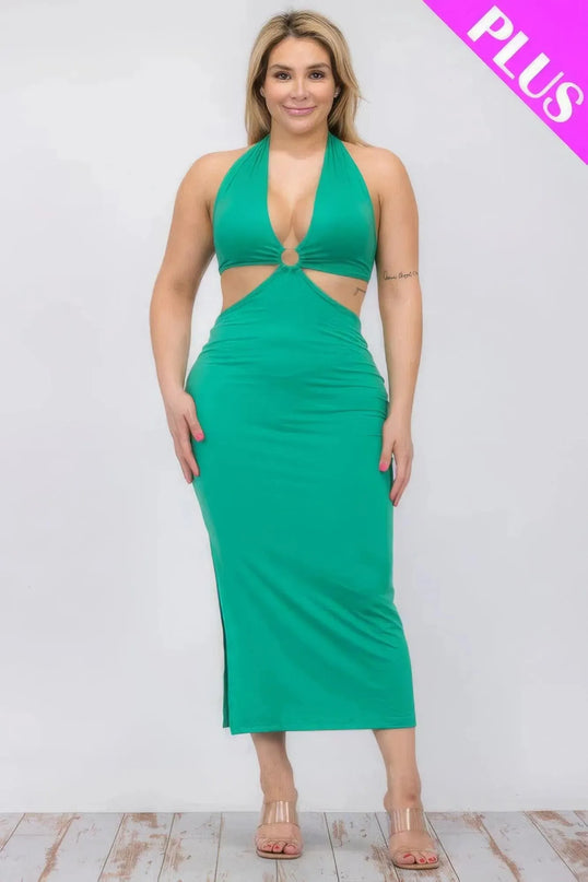 Plus Size Cut-out Halter Neck Double Back Tie Split Thigh Midi Dress