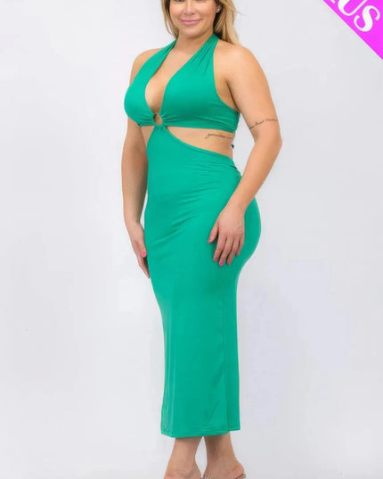 Plus Size Cut-out Halter Neck Double Back Tie Split Thigh Midi Dress