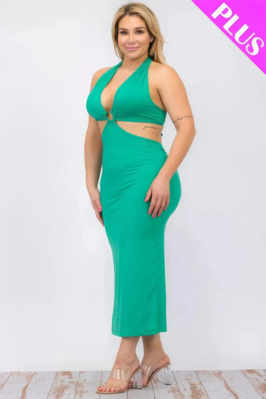 Vestido midi con abertura en el muslo, cuello halter y doble lazo en la espalda, talla grande