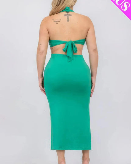 Vestido midi con abertura en el muslo, cuello halter y doble lazo en la espalda, talla grande