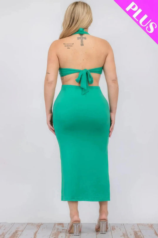 Vestido midi con abertura en el muslo, cuello halter y doble lazo en la espalda, talla grande