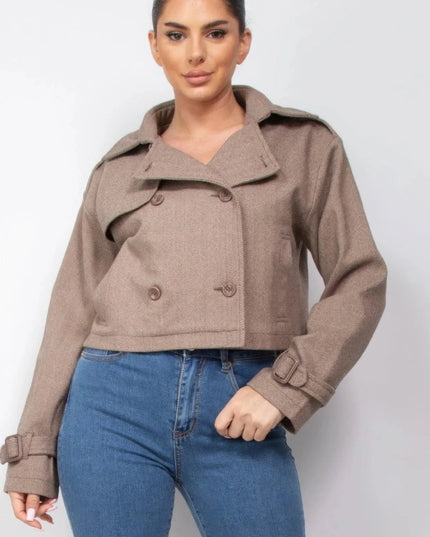 Notch Buckled Sleeve Crop Trench Coat - ShopEasier