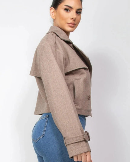 Notch Buckled Sleeve Crop Trench Coat - ShopEasier