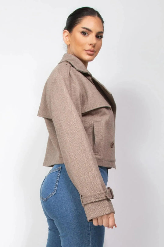 Notch Buckled Sleeve Crop Trench Coat - ShopEasier