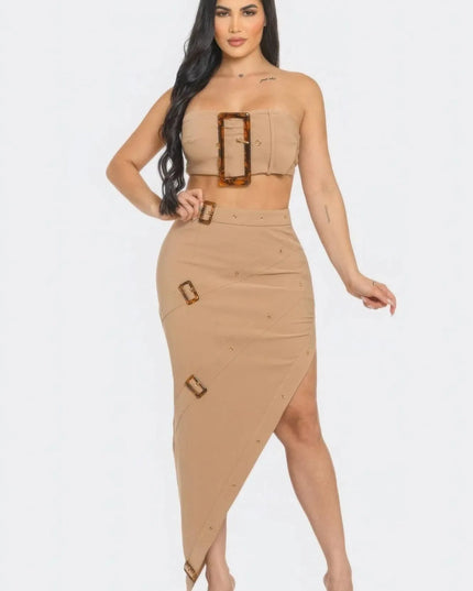 Front Eyelet Buckle Belt Top And Skirt Set - ShopEasier