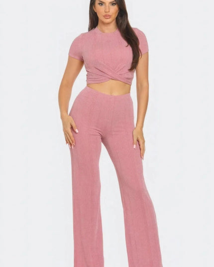 Front Twist Detail Top And Flare Pants Set - ShopEasier