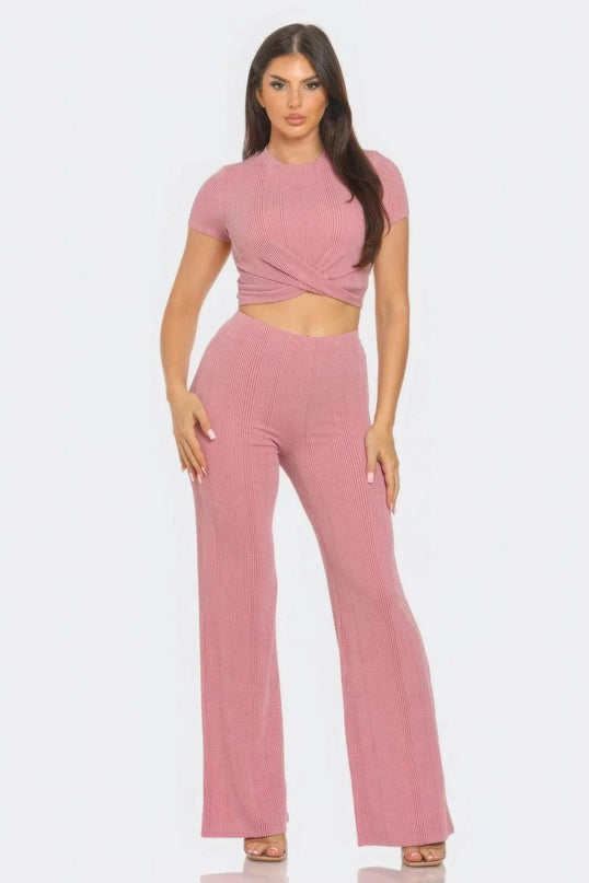 Front Twist Detail Top And Flare Pants Set - ShopEasier