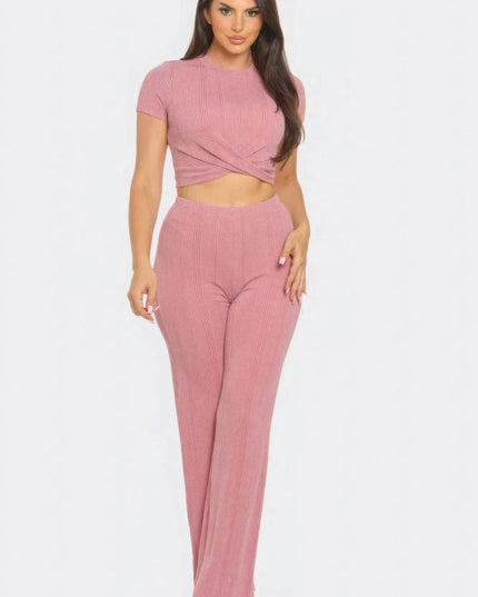 Front Twist Detail Top And Flare Pants Set - ShopEasier