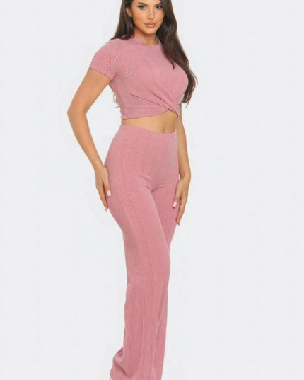 Front Twist Detail Top And Flare Pants Set - ShopEasier